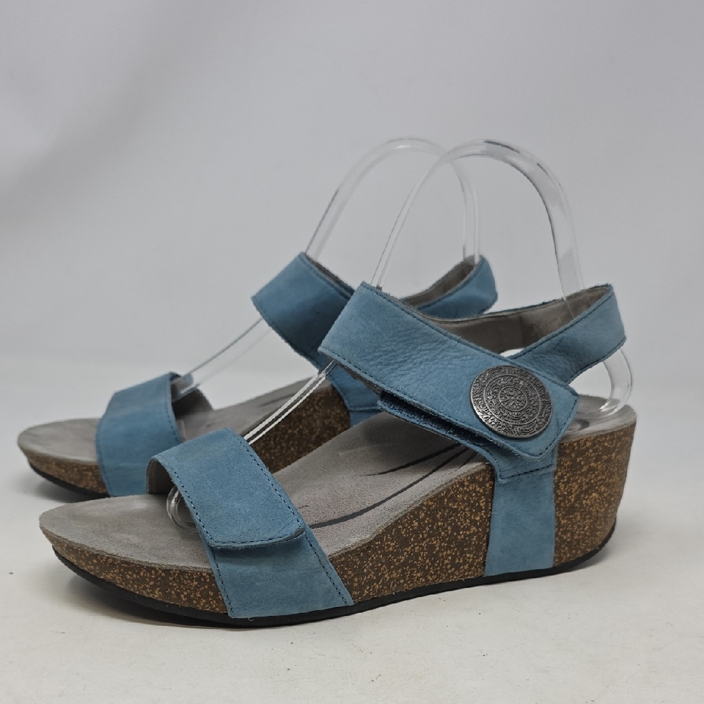 Abeo Blue Leather Wedge Sandals Size 8